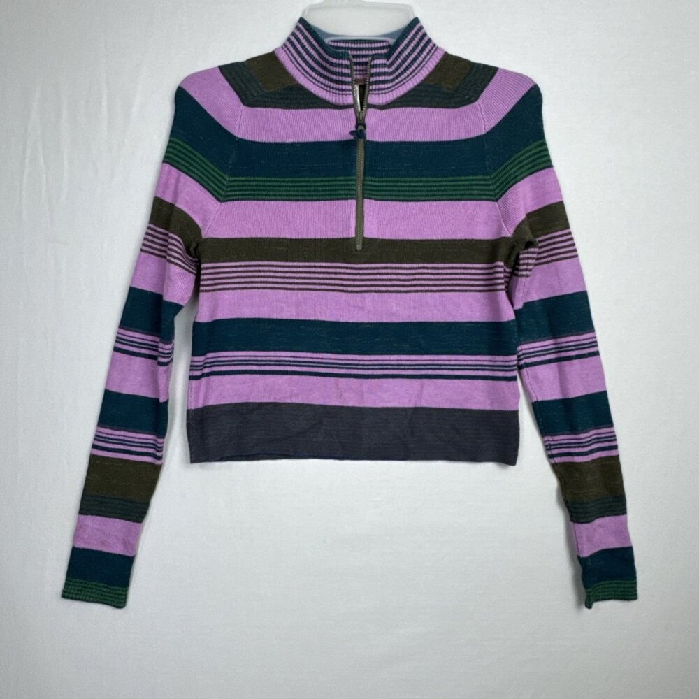 Free People Rip Tide Striped Sweater XS purple green mock 1/2 zip Anthropologie
